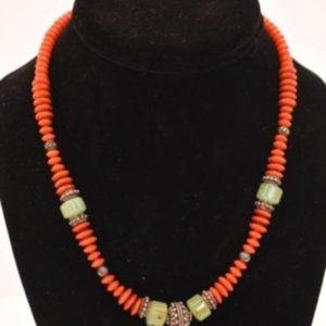 17.5" Long RED CORAL & Speckled JADE Necklace Vintage Necklace Vintage Stone Nec